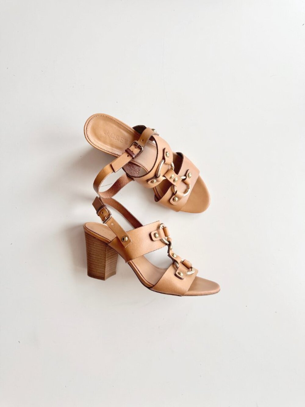 J.CREW Dark Sand Tan Leather Equestrian O-Ring High Block Heel Sandals, Size 7